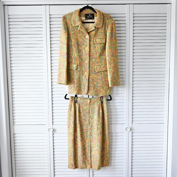 Max Nugus Haute Couture Tweed Yellow Colorful Suit Jacket and Skirt Set | Small - Picture 1 of 12